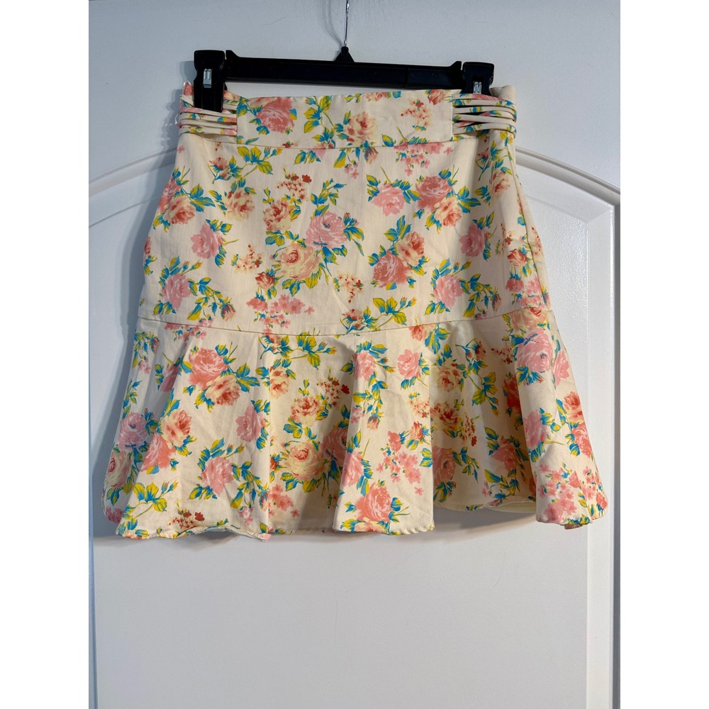Zara Floral Mini Skirt Size Small Ivory Pink Blue Ruffle Hem Coquette Romantic